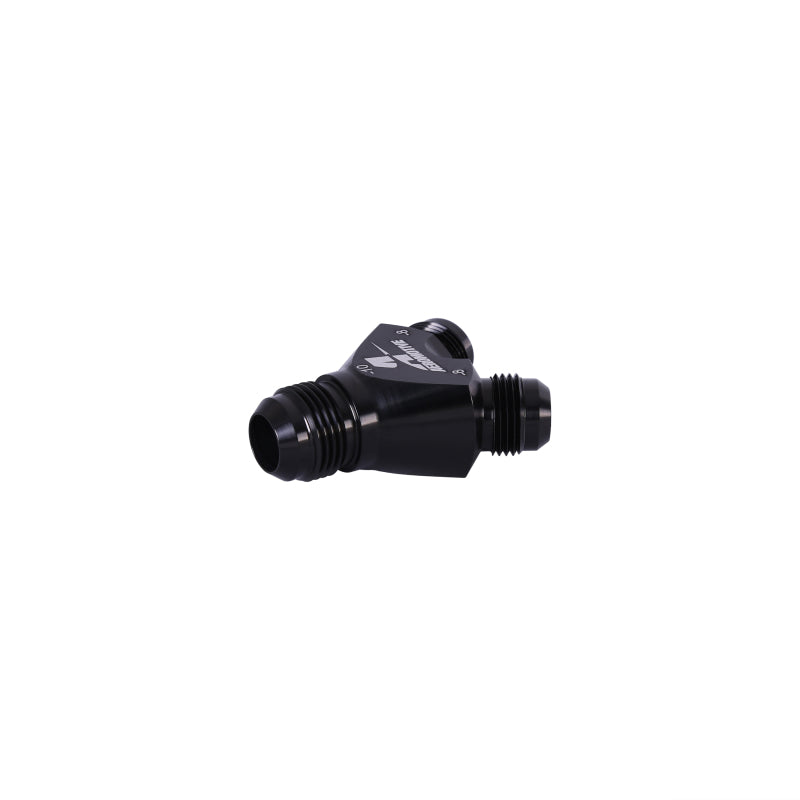 Aeromotive AN-10 Y-Block fitting with two AN-08 outlets for fuel or oil lines, made of durable metal.