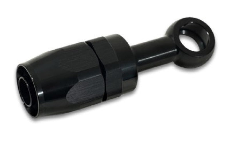 Black aluminum Vibrant -10AN banjo hose end fitting with M12 and 7/16 inch banjo bolt for hydraulic or fuel line applications.