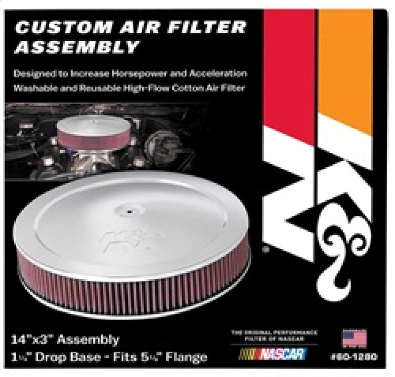 K&N 14-inch red custom air cleaner assembly with drop base, designed for direct fit air filters in automotive applications.