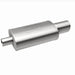MagnaFlow stainless steel muffler with tip, 14x5x8 inches, featuring dual 2.25/4-inch inlet and outlet, for car exhaust systems.