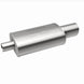 MagnaFlow stainless steel muffler with tip, 14x5x8 inches, featuring dual 2.25/4-inch inlet and outlet, for car exhaust systems.