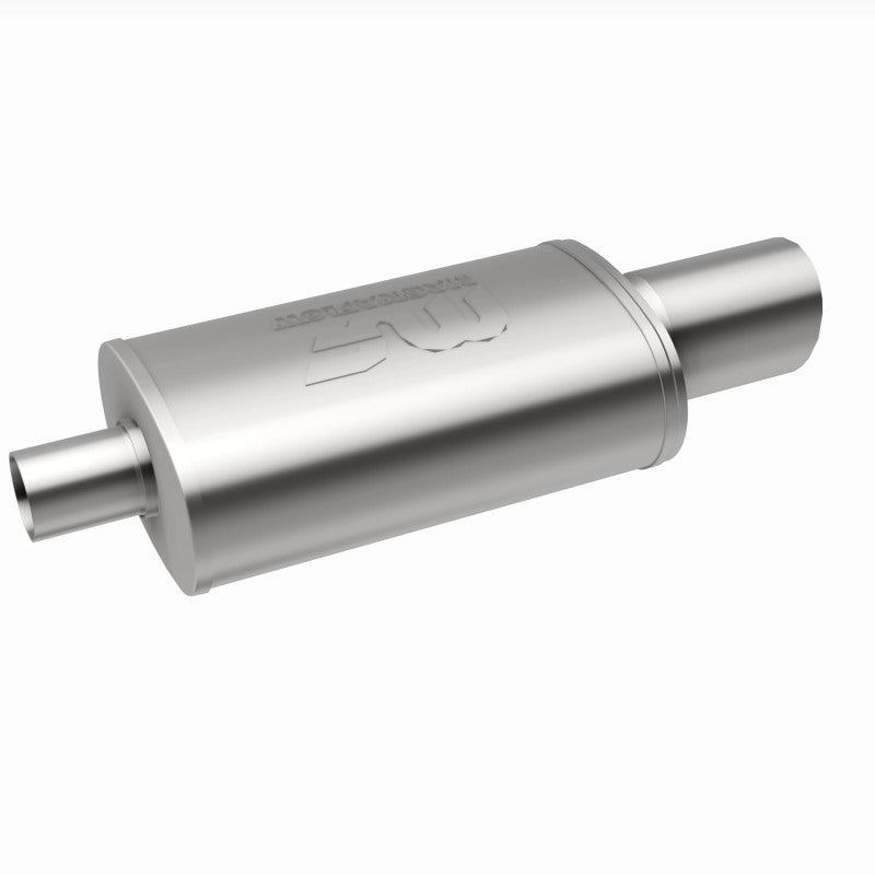 MagnaFlow stainless steel muffler with tip, 14x5x8 inches, featuring dual 2.25/4-inch inlet and outlet, for car exhaust systems.
