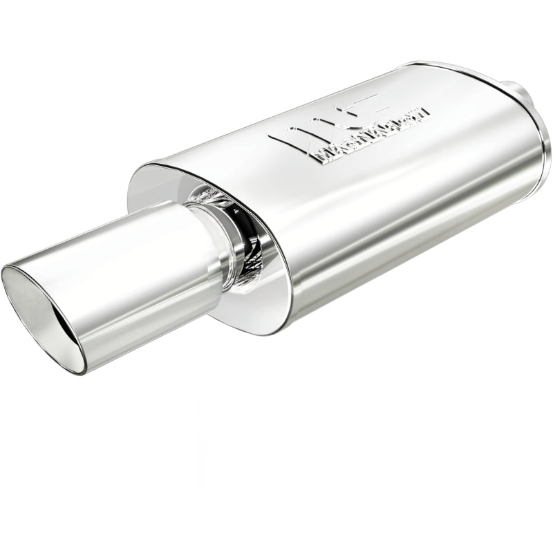MagnaFlow stainless steel muffler with tip, 14x5x8 inches, featuring dual 2.25/4 inch exhaust outlets, for car exhaust systems.