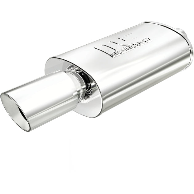 MagnaFlow stainless steel muffler with tip, 14x5x8 inches, featuring dual 2.25/4 inch exhaust outlets, for car exhaust systems.