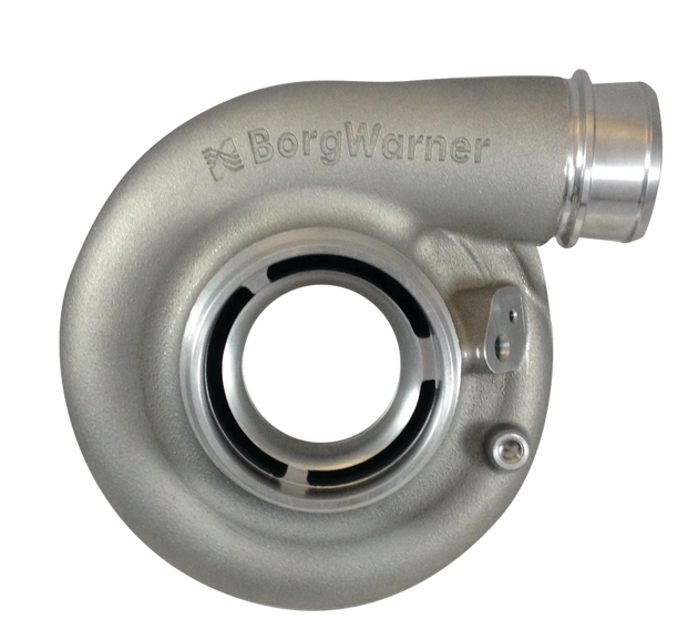 BorgWarner SX-E Style Turbo Compressor Cover EFR-7163, black metal with engraved branding and detailed design elements.