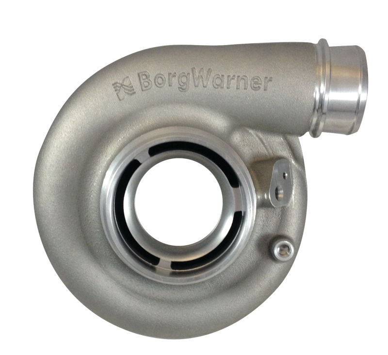BorgWarner SX-E Style Cover for EFR-7670 turbo compressor, black metal cover with engraved branding and precise cutouts.