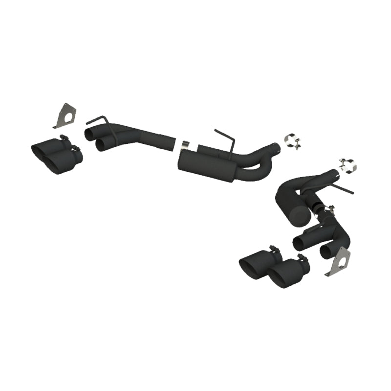 MBRP axle back exhaust for Chevrolet Camaro V6 2016-2019 with black finish and quad dual wall tips, dual exhaust pipes.