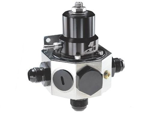Aeromotive fuel pressure regulator with .313 valve, 30-120 PSI, dual AN-10 inlets, and AN-10 bypass for automotive performance.