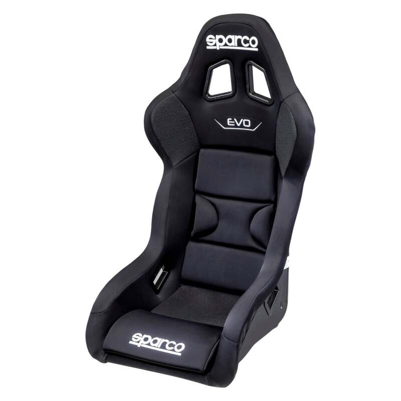 Black Sparco Evo L QRT X race seat with high side bolsters and racing harness openings, designed for competitive motorsport.