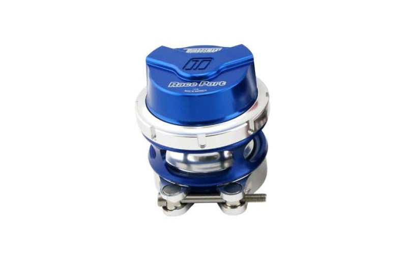 Turbosmart RacePort Female Gen V blue blow off valve with no weld flange, showcasing the high-performance automotive BOV.