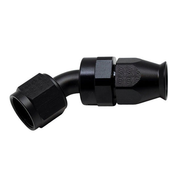 DeatschWerks 8AN female swivel 45-degree hose end fitting with PTFE and olive insert, matte black anodized finish.