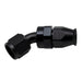 DeatschWerks 8AN female swivel 45-degree hose end fitting with PTFE and olive insert, matte black anodized finish.