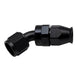 DeatschWerks 8AN female swivel 45-degree hose end fitting with PTFE and olive insert, matte black anodized finish.