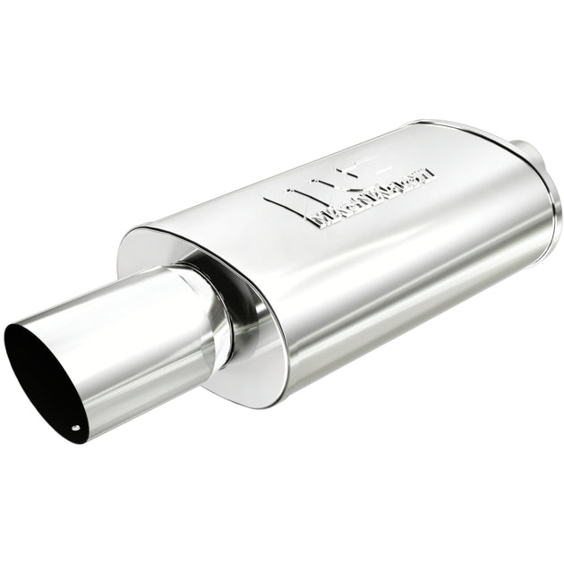 MagnaFlow muffler with 14x5x8 inch size and tip, featuring a polished metal finish and dual exhaust tips.