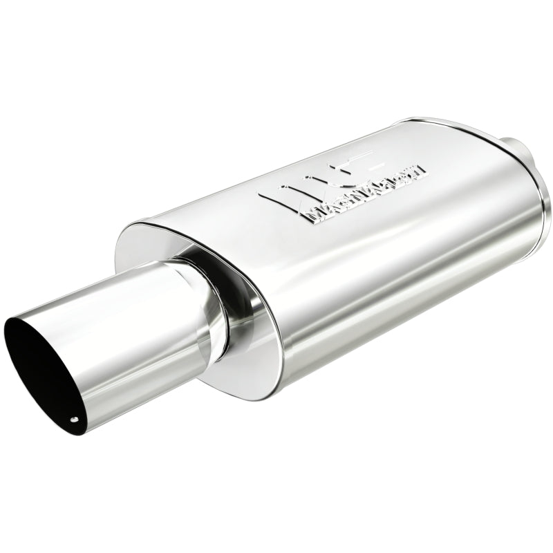 MagnaFlow muffler with 14x5x8 inch size and tip, featuring a polished metal finish and dual exhaust tips.