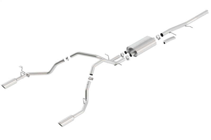 Borla catback exhaust system for 2009-2011 Chevrolet Silverado and GMC Sierra S-Type SS, showing polished stainless steel pipes.
