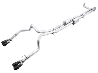 AWE Tuning 4th Gen GM 1500 6.2L catback exhaust with quad diamond tips and split rear exit featuring bumper cutouts.