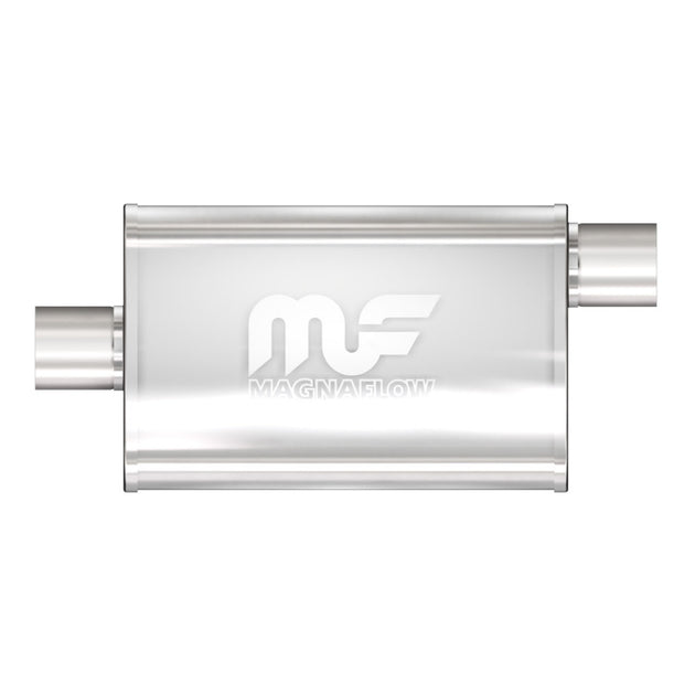 MagnaFlow Mag SS muffler with 14x4x9-inch size and 2.25-inch offset, showcasing its stainless steel construction and inlet/outlet.