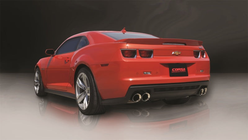 Polished CORSA Performance Catback exhaust system for 2012-2015 Chevrolet Camaro ZL1 coupe with 6.2L V8 engine, showing the sleek polished pipes.