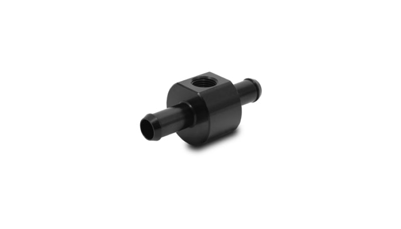 Vibrant inline barbed union fitting for 3/8 inch ID hose with 1/8 inch NPT port, used in plumbing and fluid transfer systems.