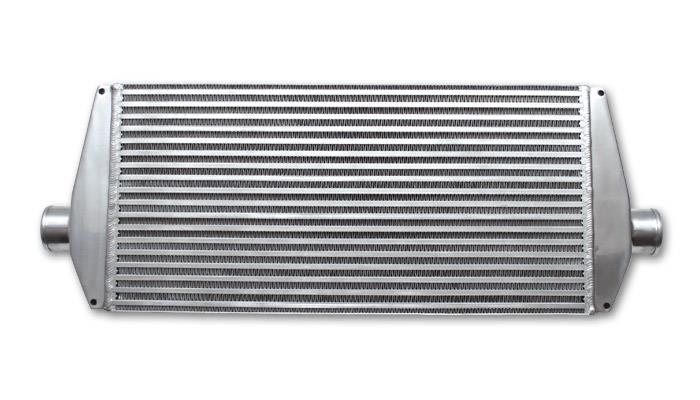 Vibrant air-to-air intercooler core with end tanks, 25x12x3.5 inches, featuring inlet and outlet ports for vehicle cooling system.