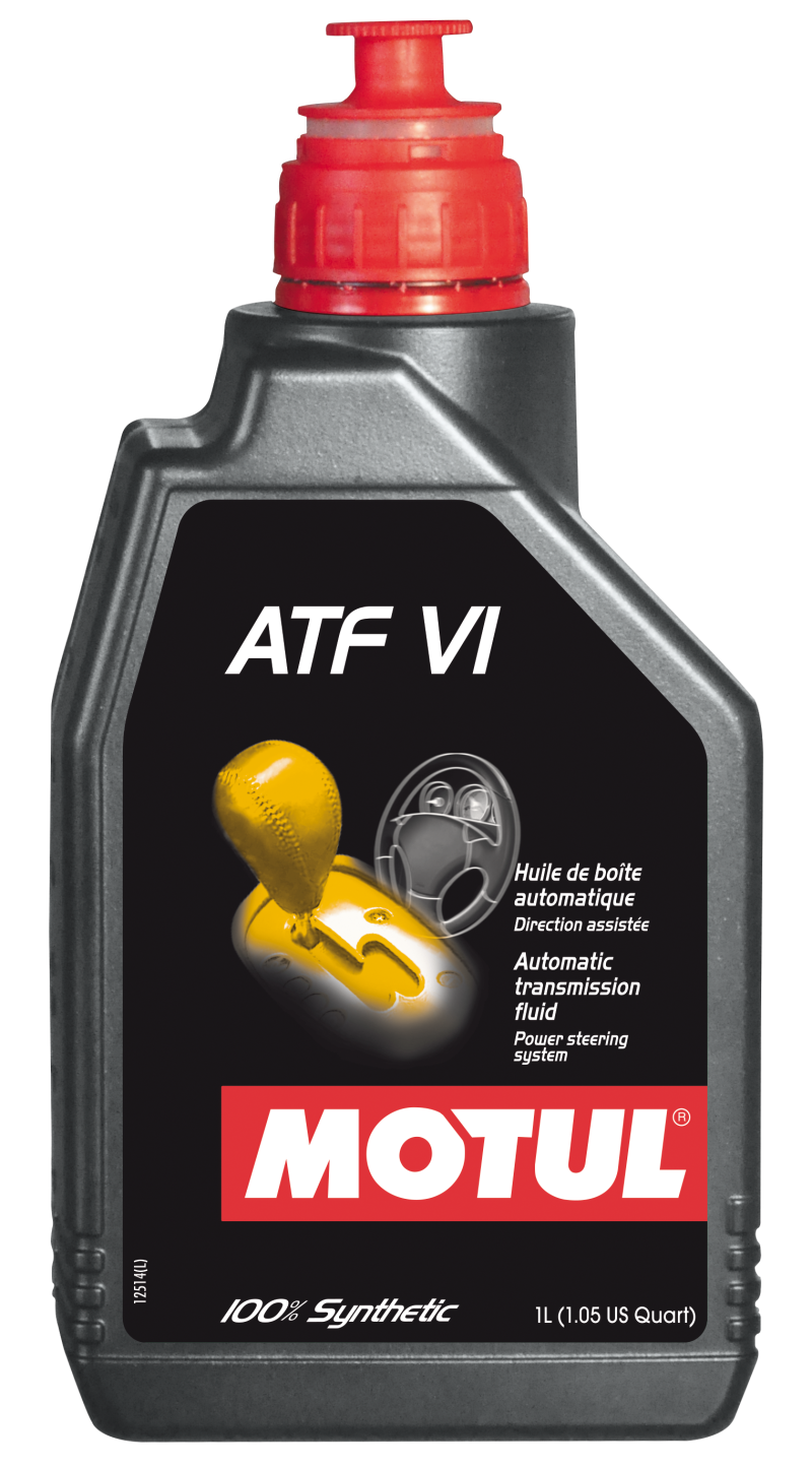 Motul 1L Transmission Fluid ATF VI synthetic gear oil container, designed for automatic transmissions and gear systems.