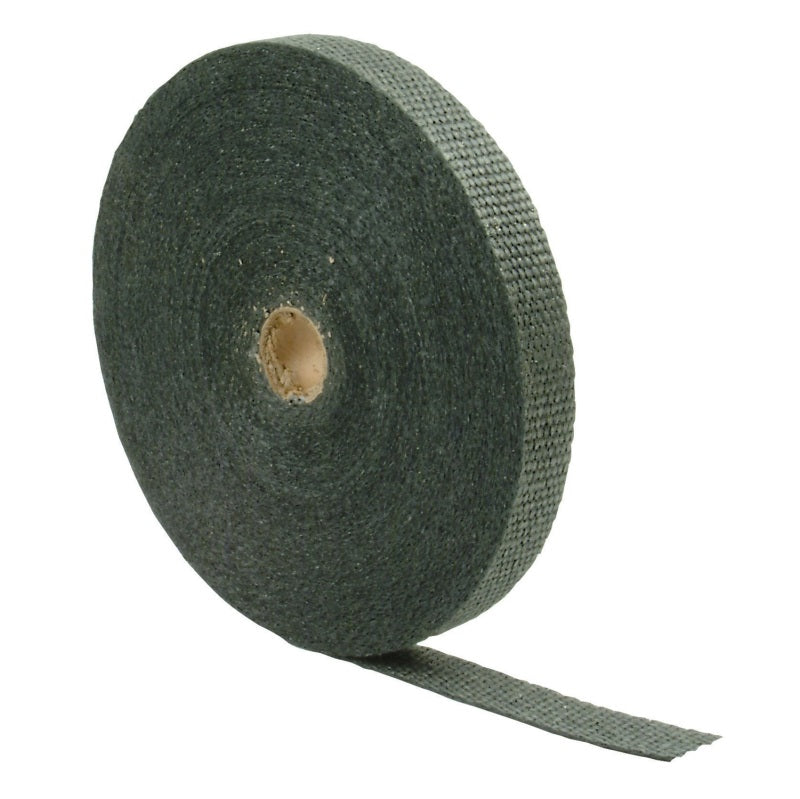 Black DEI Exhaust Wrap 1in x 100ft, heat-resistant insulation material for exhaust systems, shown rolled out on a surface.