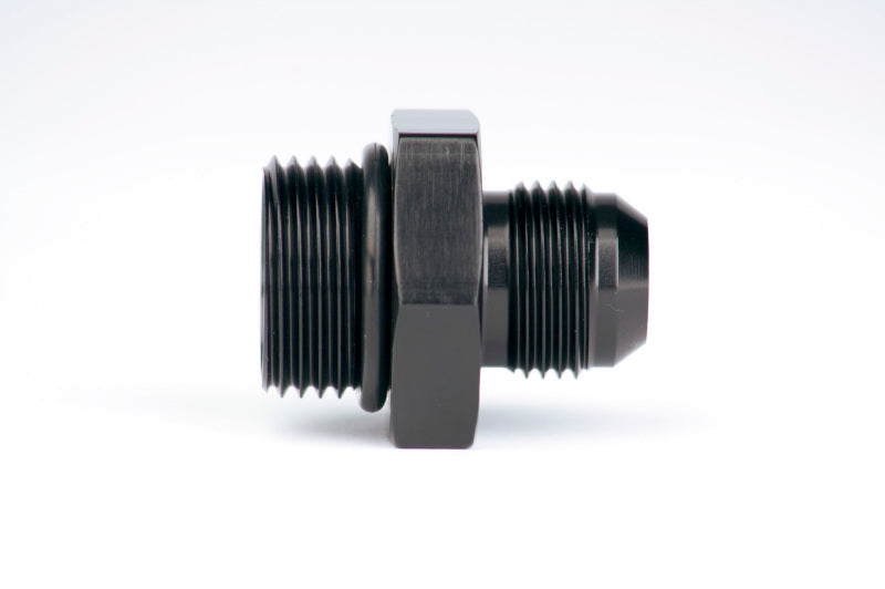 Aeromotive AN-12 O-Ring Boss and AN-10 Male Flare Reducer Fitting showing metal fittings and threading for fuel or oil lines.