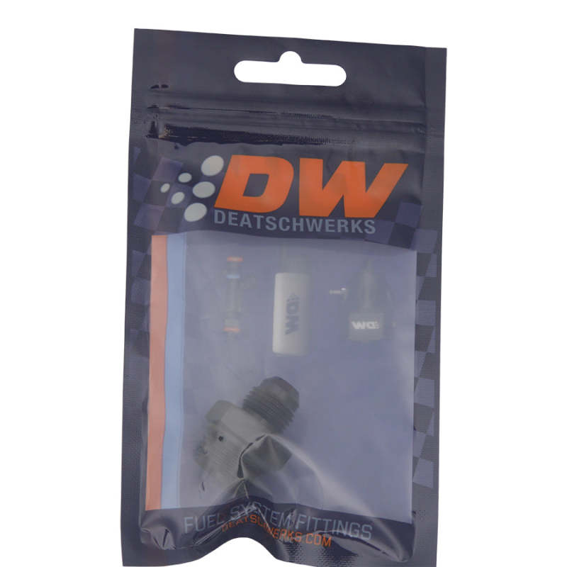 DeatschWerks matte black 8AN ORB male to 6AN male flare fitting with O-ring for automotive fluid connections.