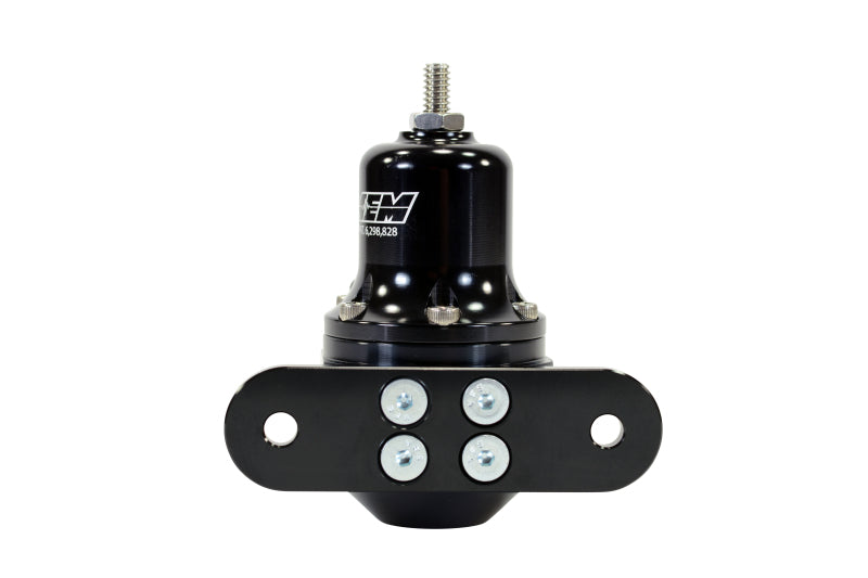 AEM high capacity black universal fuel pressure regulator with adjustable control and inlet/outlet fittings for performance vehicles.