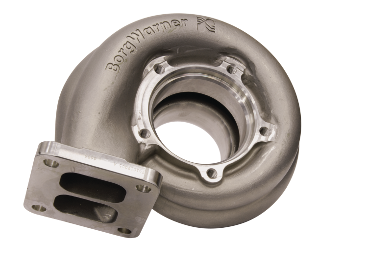 BorgWarner EFR B2 80mm turbine housing, T4 twin scroll, H type, for turbocharger applications, showing the cast metal housing with ports.