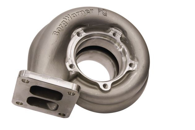 BorgWarner EFR B2 74mm 1.05 T4 twin scroll turbine housing showing the cast metal structure and twin scroll inlet design.