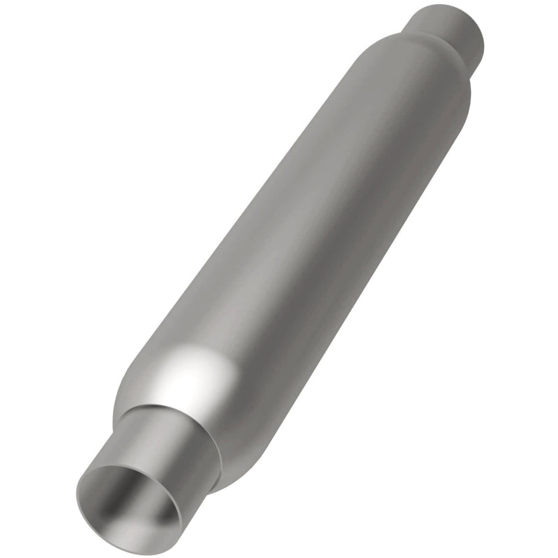 MagnaFlow muffler with 3.5-inch diameter and 18-inch length, featuring dual 2.25-inch inlet and outlet pipes, for vehicle exhaust.