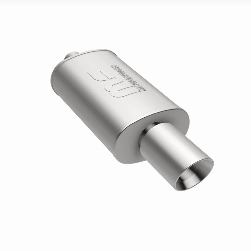 MagnaFlow stainless steel muffler with tip, 14x5x8 inches, featuring 2.25/4 inlet and outlet pipes, for vehicle exhaust systems.
