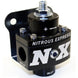 Nitrous Express fuel pressure regulator non-bypass for automotive performance, shown in close-up with metal fittings and adjustment knob.