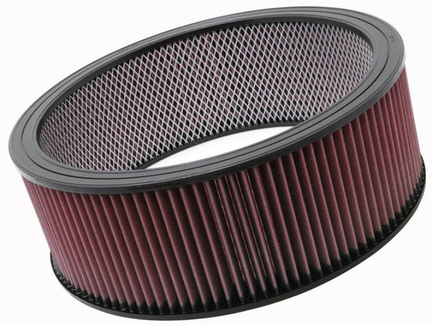 K&N Engineering drop-in air filter with 14-inch outer diameter, 12-inch inner diameter, and 5-inch height, with inner wire visible.
