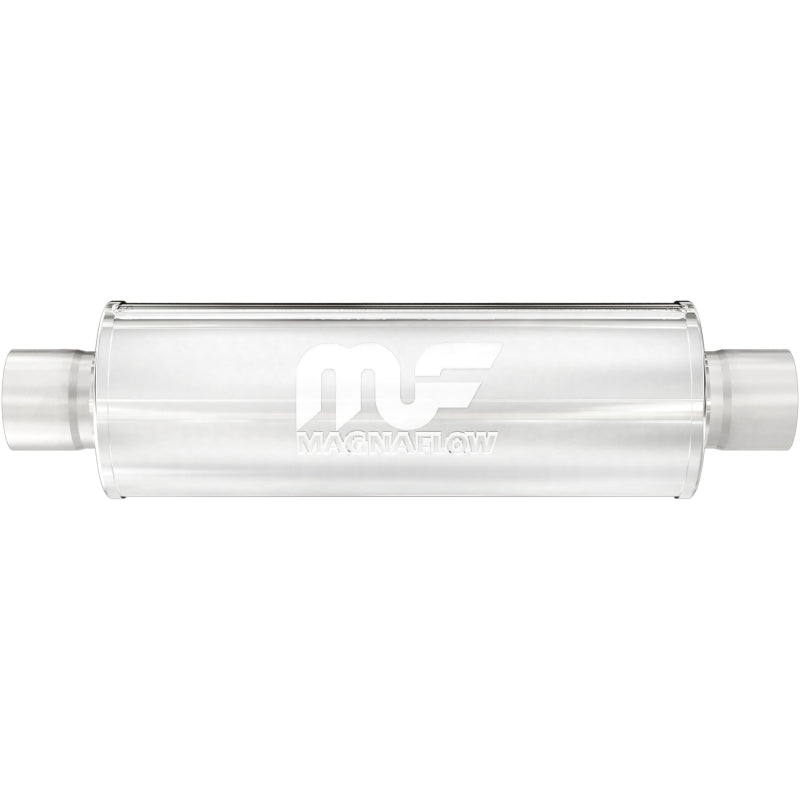 MagnaFlow Mag SS 7X7 30 muffler, stainless steel car exhaust component with 4-inch inlet and outlet, viewed from side angle