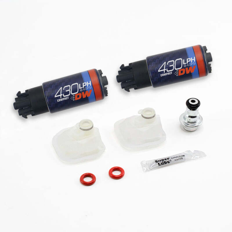 DeatschWerks DW430C 430lph compact fuel pump for 2009-2015 Cadillac CTS-V, shown installed in a vehicle.