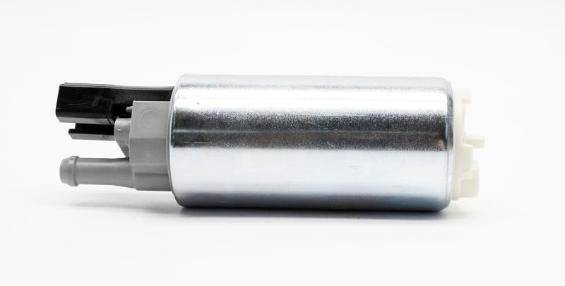 Walbro 255lph high pressure fuel pump showing metallic body and inlet/outlet ports, designed for fuel delivery in automotive applications.