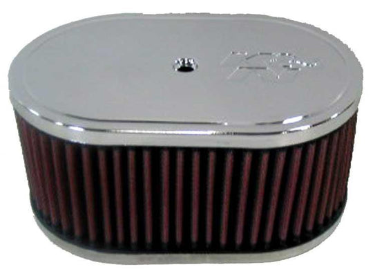 K&N Engineering custom oval race air filter, 7-inch length, 4-inch width, 3.25-inch height, direct fit for performance vehicles.