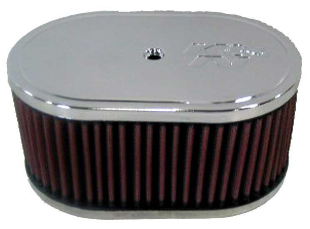 K&N Engineering custom oval race air filter, 7-inch length, 4-inch width, 3.25-inch height, direct fit for performance vehicles.