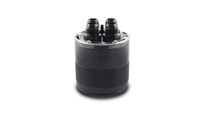Vibrant small 0.75L 4-port oil catch can assembly showing black metal construction and multiple inlet ports for engine use