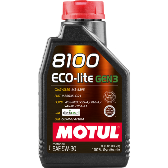 Motul 1L Synthetic Engine Oil 8100 Eco-Lite Gen3 5W30 for motor engines, showing the oil bottle with brand label and specifications.