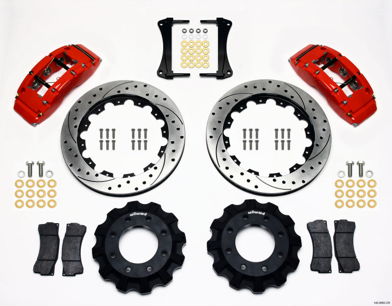Wilwood TC6R front big brake kit with 16-inch drilled red rotors for 1999-2014 GM trucks and SUVs 1500 series.
