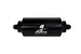 Aeromotive inline fuel filter with AN-6 male fittings, 40 micron stainless mesh element, bright dip black finish.