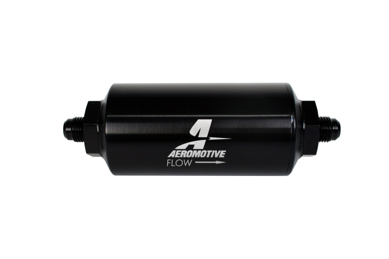 Aeromotive inline fuel filter with AN-6 male fittings, 40 micron stainless mesh element, bright dip black finish.