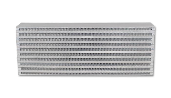 Vibrant air-to-air intercooler core with 18-inch width, 6.5-inch height, and 3.25-inch thickness, for turbocharged engines.