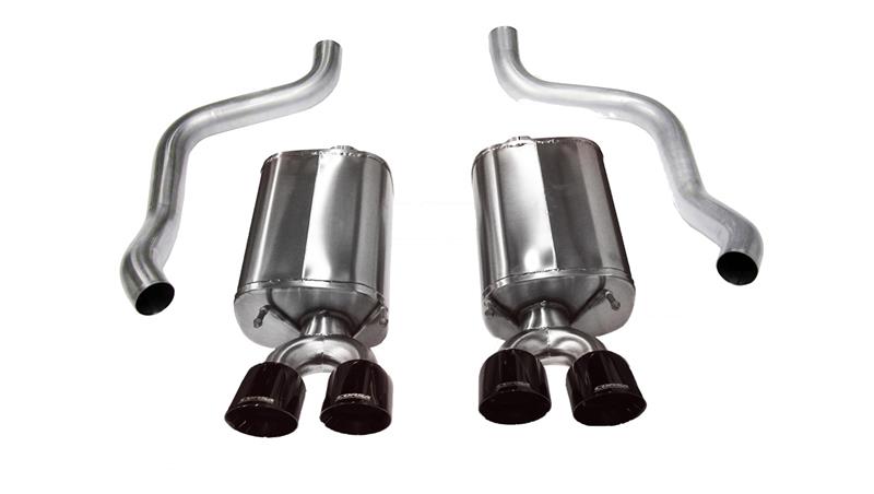 Black CORSA Performance axle-back exhaust for Chevrolet Corvette C6 2009-2013 with 6.2L V8 engine, shown from the side.