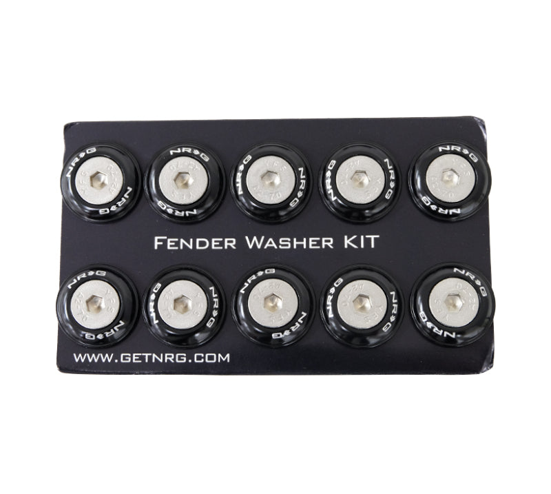 NRG Fender Washer Kit with black rivets for plastic, set of 10, showing hardware components on a clean background.
