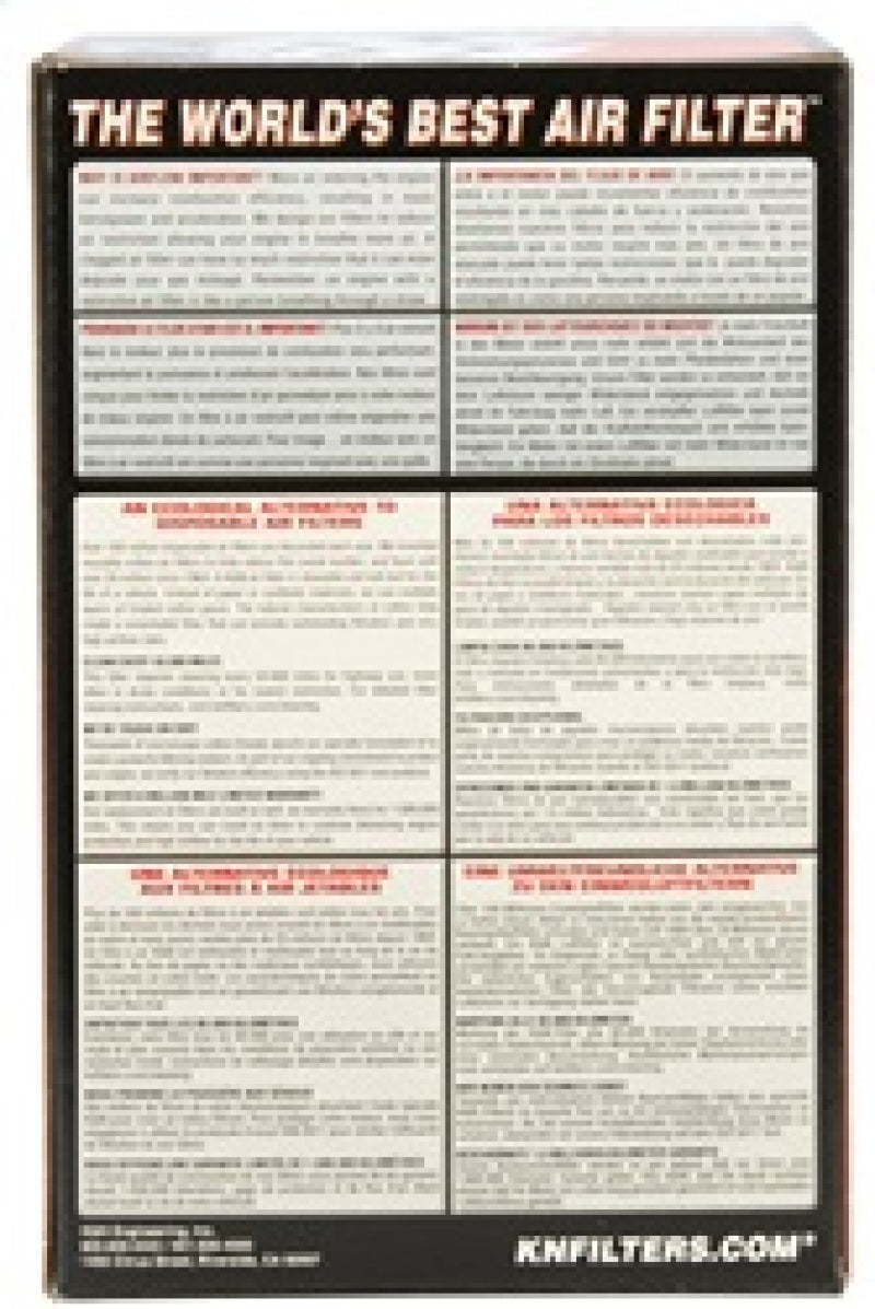 K&N Engineering oval drop-in air filter with 8-7/8 inch length, 5-1/4 inch width, and 3-1/4 inch height showing filtration media
